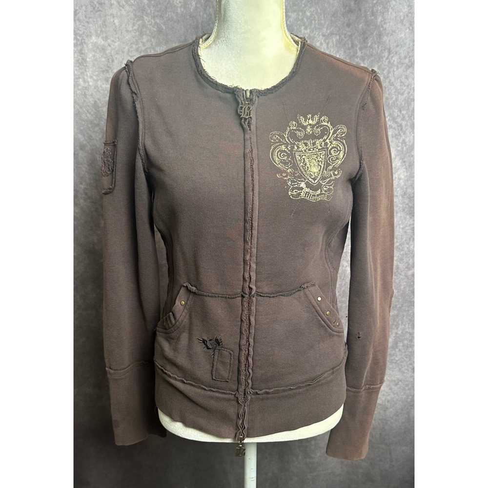 Billabong Y2K Distressed Full Zip Sweatshirt Brown Crest Graphic L Fits Small